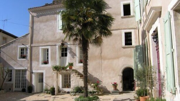 A courtyard with a palm tree, potted plants, and a building with a stone facade. - Grand old Villa with pool in the heart  of  Capestang town (on the Canal du Midi) (Capestang)