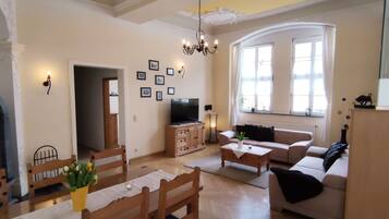 Een televisie, een open haard en een muziekbibliotheek