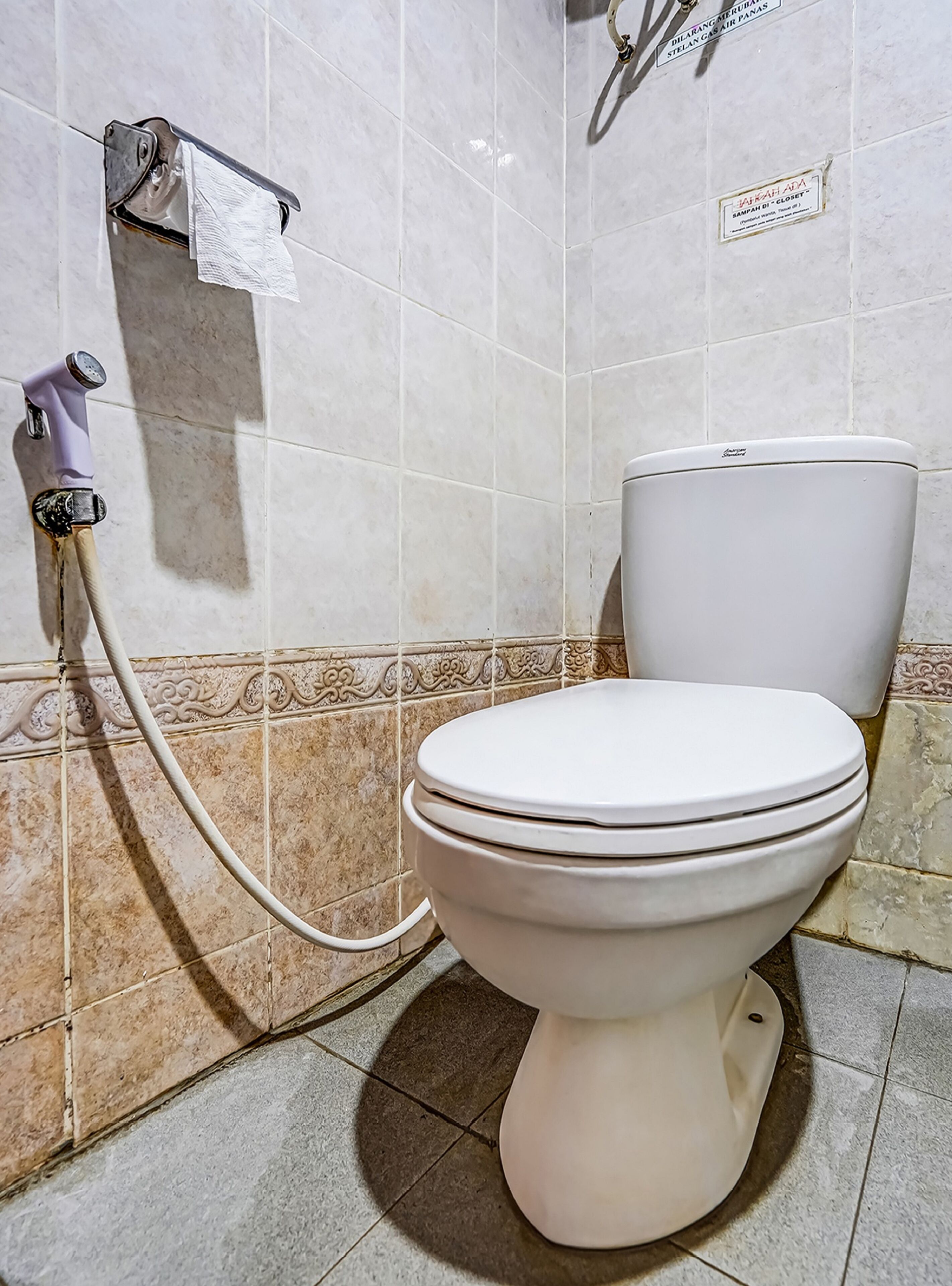 A toilet with a bidet attachment, a towel dispenser, and a toilet paper holder on the wall.