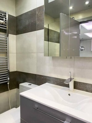 Ensemble douche/baignoire, sèche-cheveux, serviettes fournies