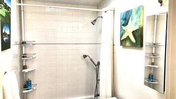 Hair dryer, towels, soap, shampoo
