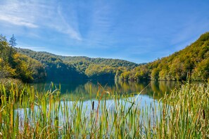 A serene lake surrounded by forested hills.
