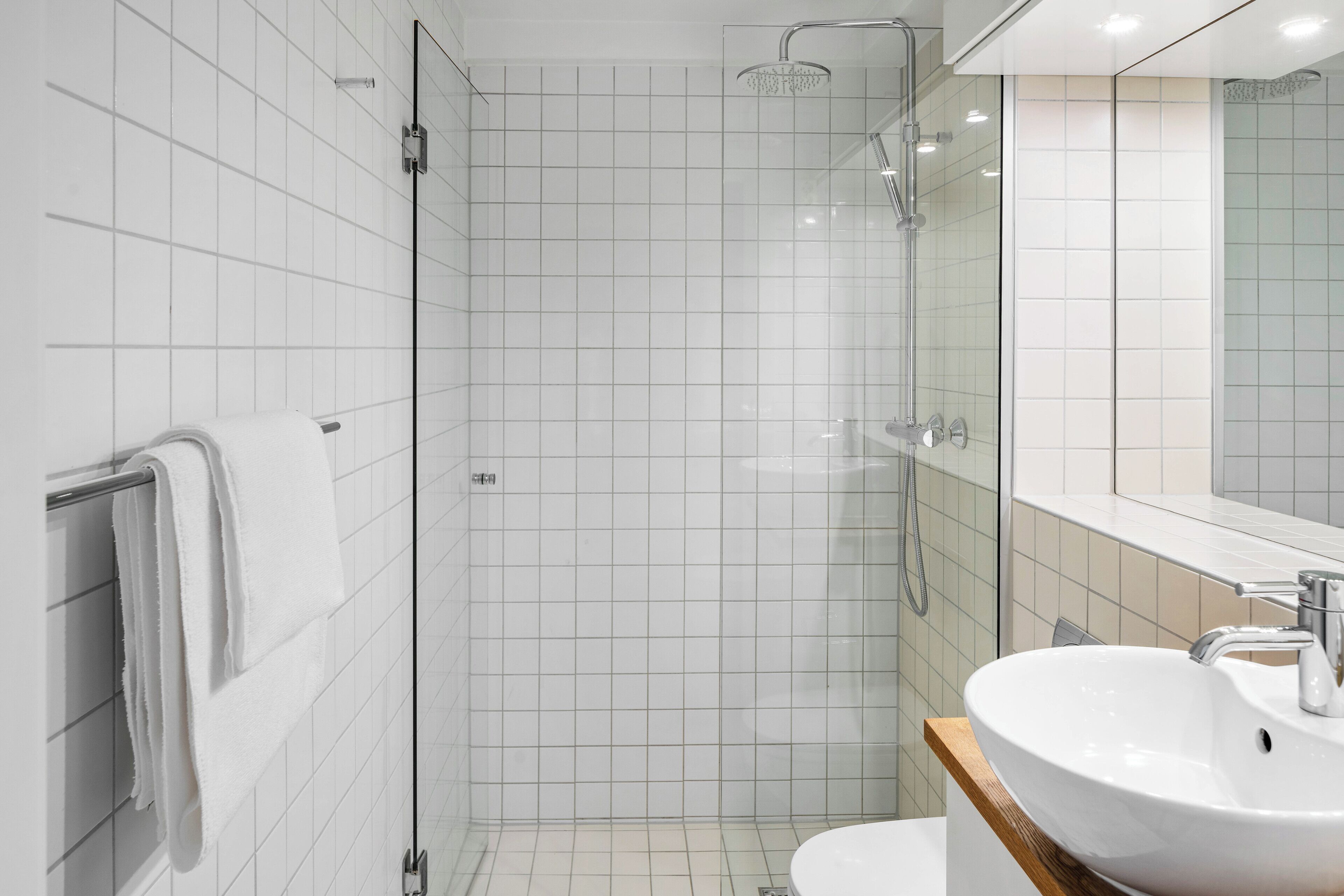 A modern bathroom with a glass shower enclosure, a white sink, and a towel rack.