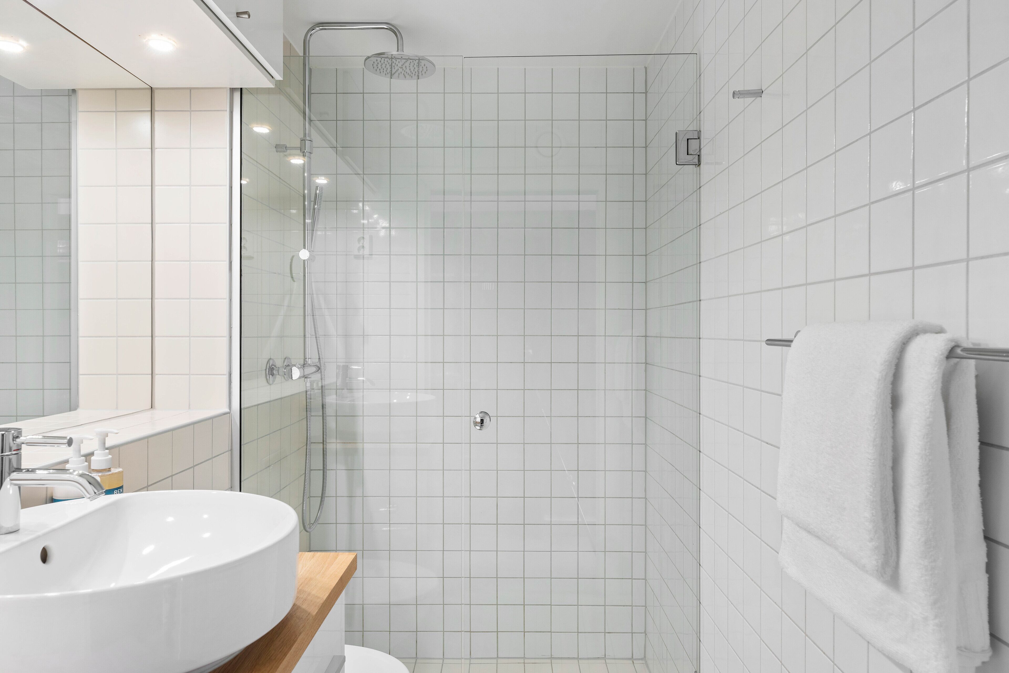 A modern bathroom with a large white sink, a glass shower enclosure, and a towel rack.