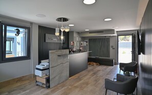 A modern reception area with a marble counter, a dog resting in the background, and a view of the outside through a window. - Denizati Plus Hotel (Istanbul)
