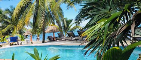 Un área de piscina con sillones de descanso y palmeras.