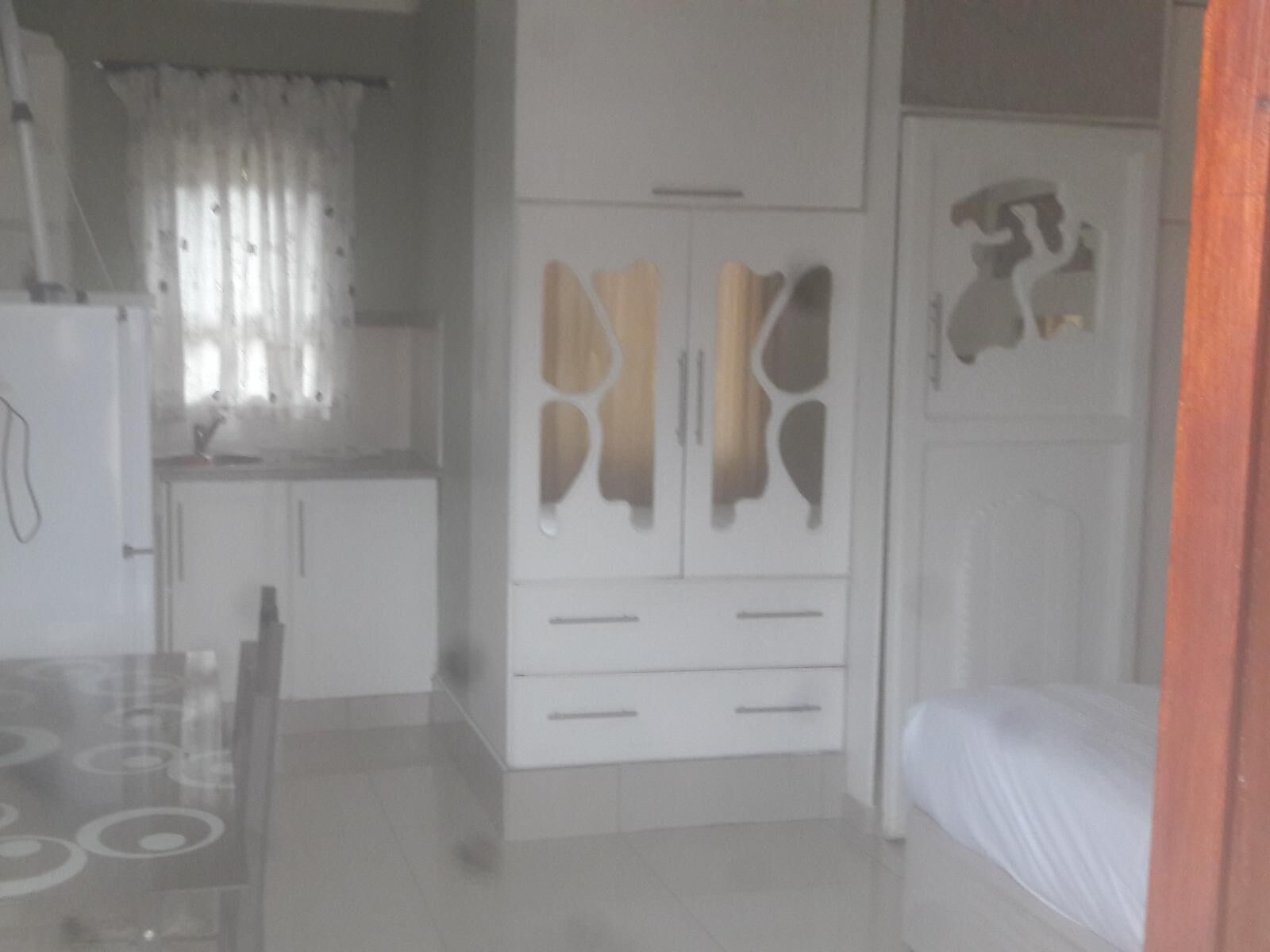 A small, compact room with a kitchenette, a bed, and a wardrobe with a unique design.