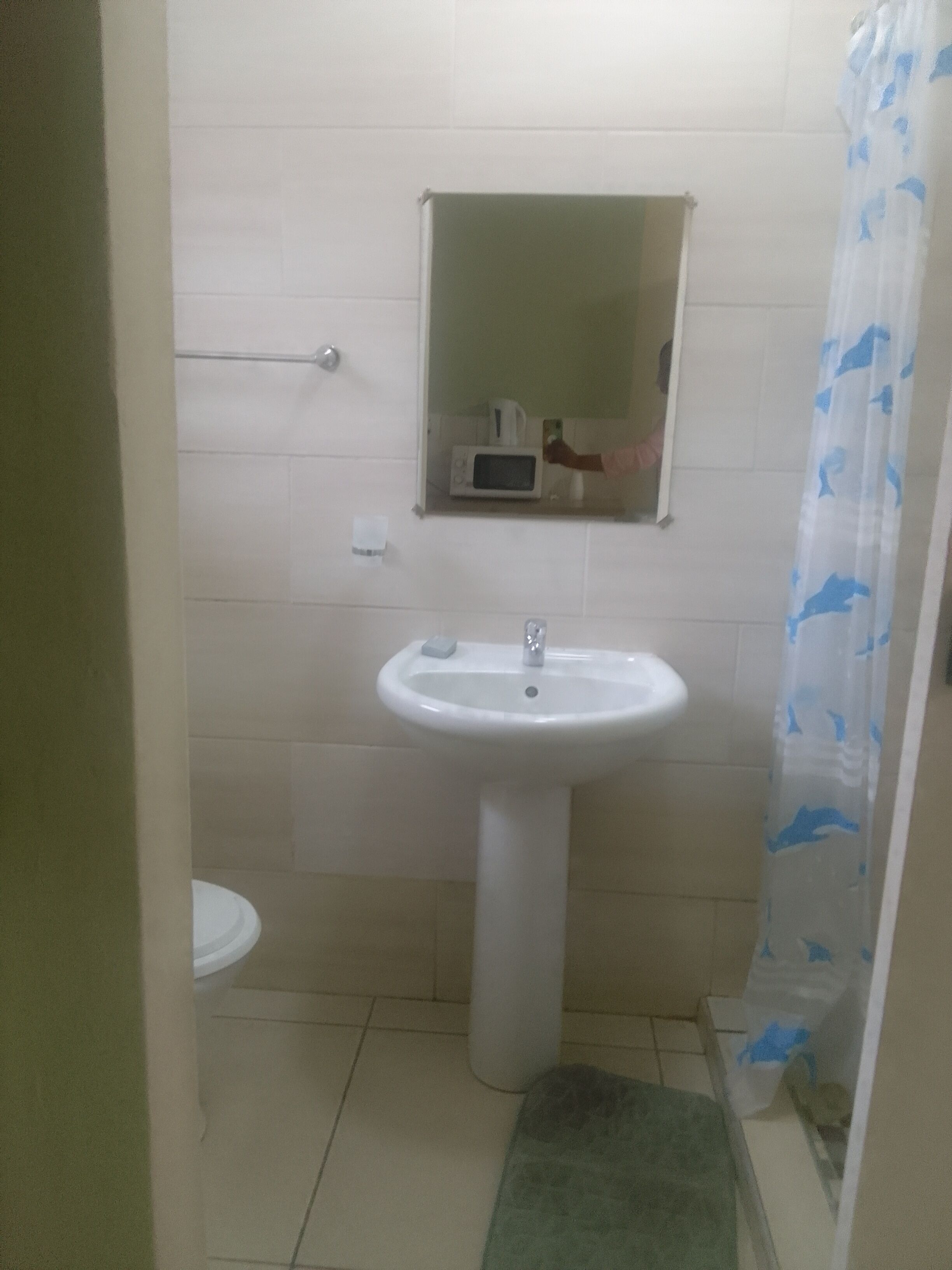Een badkamer met een witte wastafel, een spiegel erboven en een toilet.