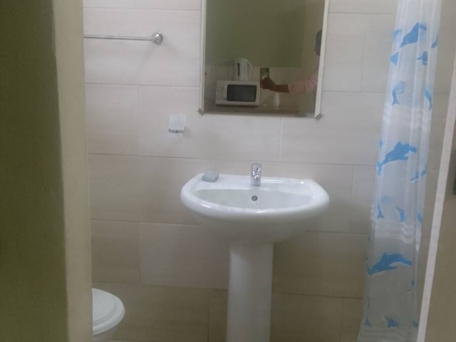 Een badkamer met een witte wastafel, een spiegel erboven en een toilet.