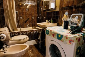 Hair dryer, towels, soap, shampoo