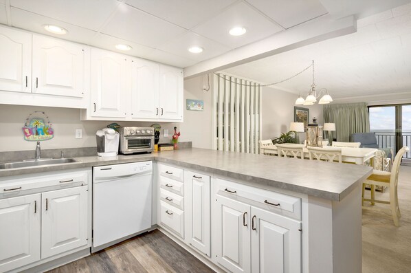 Fridge, microwave, dishwasher, toaster