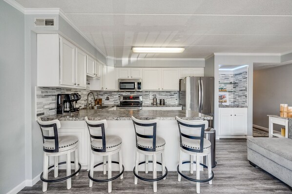 Fridge, microwave, oven, stovetop