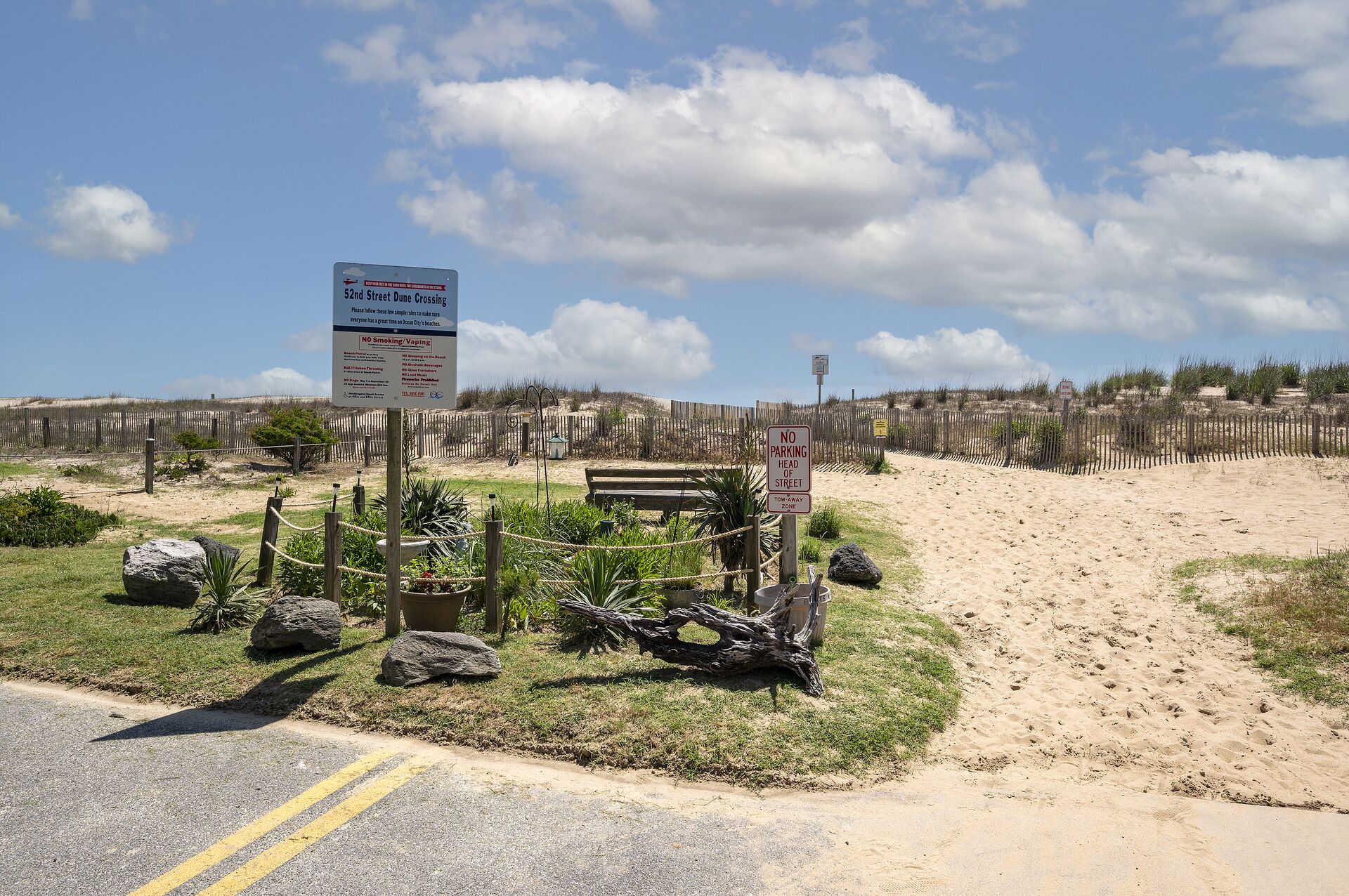 Une route longeant la plage, avec un panneau indiquant « Il est interdit de fumer/d’utiliser des cigarettes électroniques » et un autre panneau indiquant « Stationnement interdit ».