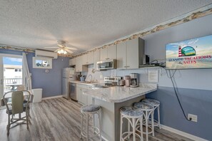 Fridge, microwave, oven, dishwasher