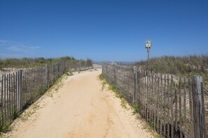 Uma trilha de areia ladeada por cercas de madeira, conduzindo a uma praia.