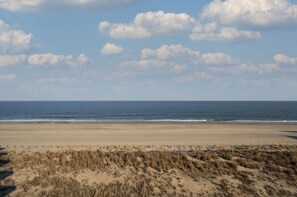 Una playa con arena y dunas al frente.