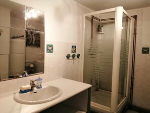 Shower, hair dryer, towels, toilet paper