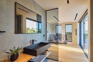 Features a sleek basin with a long, horizontal sink and a large mirror above.