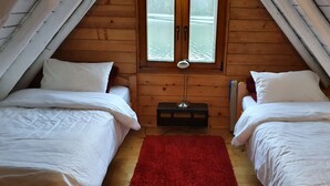 Ett litet, mysigt rum med två sängar, en röd matta och ett fönster med utsikt över en vattenyta.