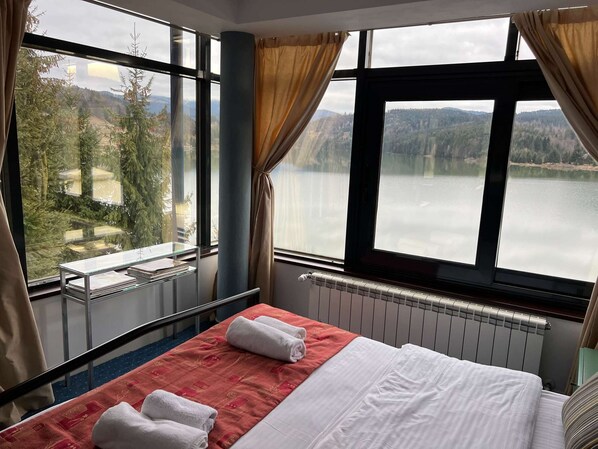 Habitación de hotel con cama, ventana con vistas a un lago y un bosque, y un radiador.