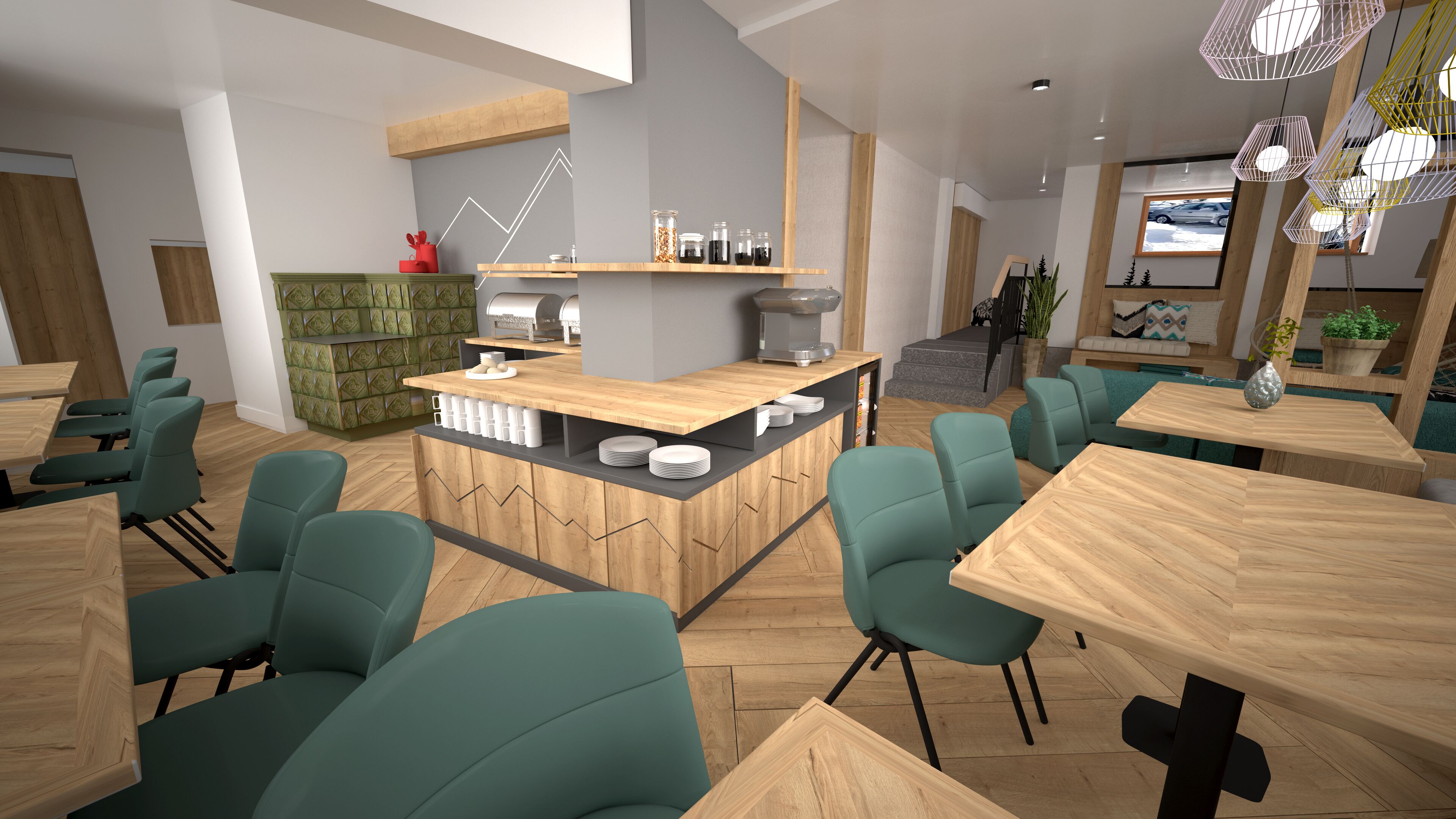 A modern dining area with wooden tables and teal chairs, a central bar with a coffee machine, and a green patterned wall.