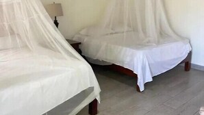 Two single beds with white bedsheets and mosquito nets, wooden headboards, and a tiled floor in a room with white walls and a wooden ceiling. - Villa Cruz Hotel & Restaurant Ocean View (buen hombre)