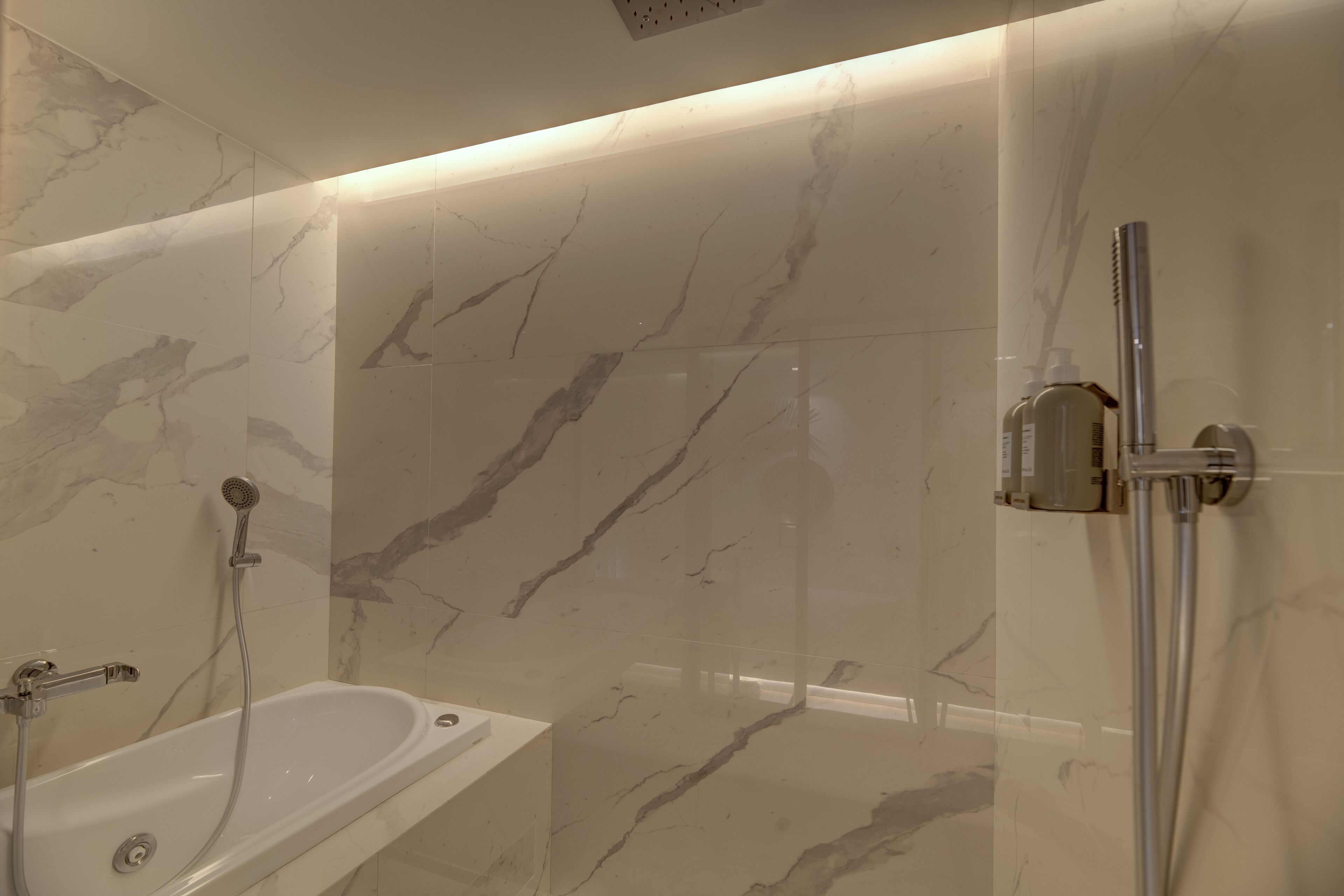 A modern bathroom with a bathtub, a shower, and a glass-enclosed shower area.