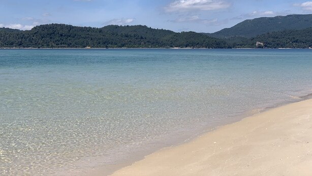 A beach with clear water, sandy shore, and forested hills in the background.
