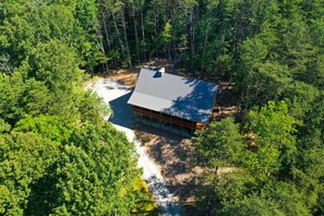 Escape to a secluded cabin surrounded by lush greenery, featuring a central chimney and a symmetrical structure.