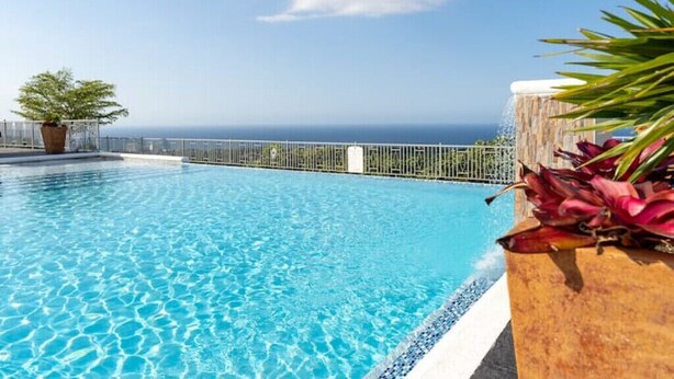 Ein klares, blaues Schwimmbecken mit Blick auf den Ozean, umgeben von einem Metallzaun und Topfpflanzen.
