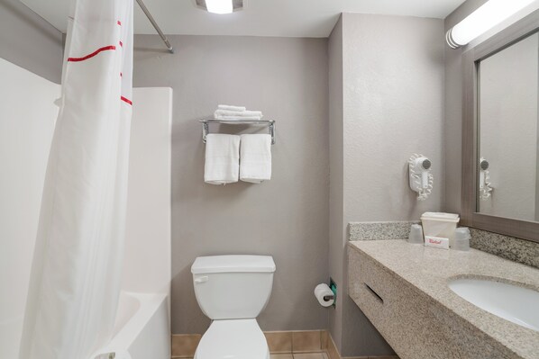 A bathroom with a toilet, a towel rack, a sink, and a mirror. - Red Roof Inn & Suites Carrollton, Ga-west Georgia (Carrollton)