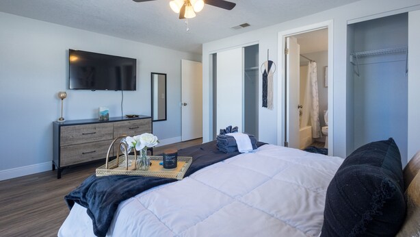 A bedroom with a bed, a ceiling fan, a flat-screen TV, a dresser, a mirror, and a walk-in closet. - Sleeps 6 Hot Tub Fenced Yard Cozy Chic (Tampa)