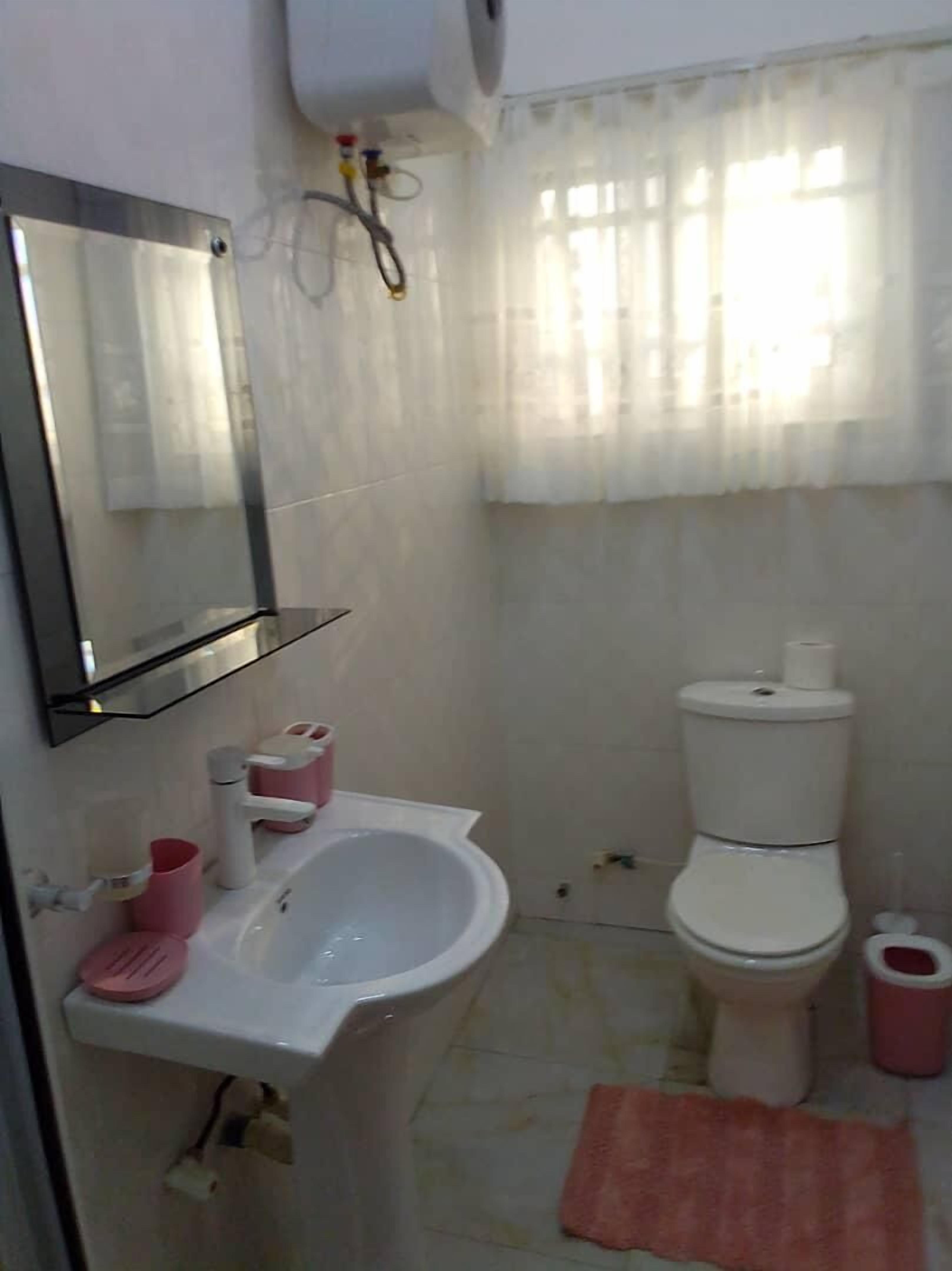 Baño con lavamanos, espejo, inodoro y ventana con cortinas.