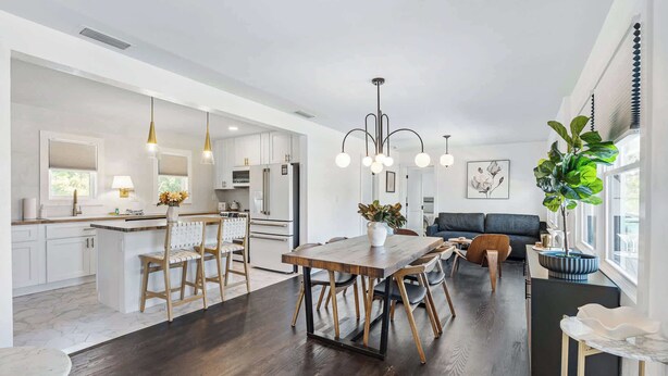 Una cocina amplia con comedor, una sala de estar con sofá y un ventanal con planta.