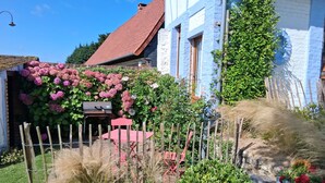 Una casa con techo rojo, pared exterior azul y un jardín con diversas plantas y flores.