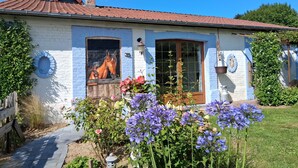 Una casa con fachada azul, techo de tejas, un mural de un caballo y un jardín con flores.
