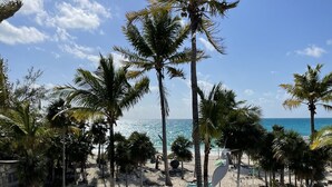 Ein Strand mit Palmen, einer Steinmauer und einem weißen Stuhl.