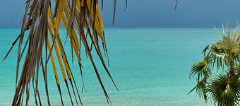 Beachfront views of pristine sandy beach, clear blue waters and surreal sunsets.