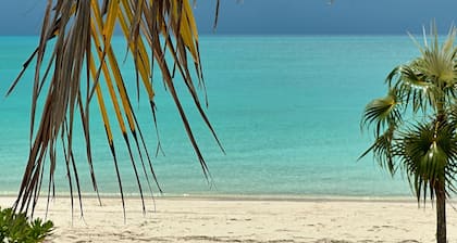 Beachfront views of pristine sandy beach, clear blue waters and surreal sunsets.