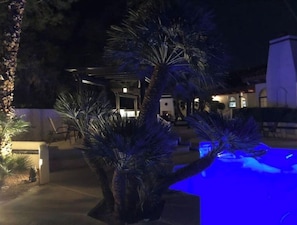 Vue nocturne d’un espace piscine, avec des palmiers et un bâtiment en arrière-plan.