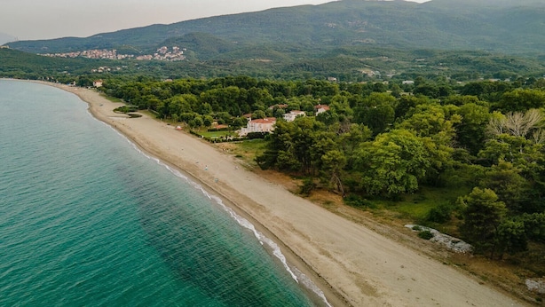 Vista aérea de uma área costeira com praia arenosa, vegetação densa e alguns edifícios.