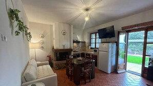 A compact living space with a dining area, kitchen, and a sofa.