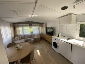 A compact living space with a sofa, dining table, washing machine, and a television.