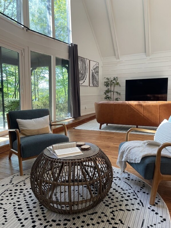 Smart-TV, Kamin, Bücher, Musikbibliothek