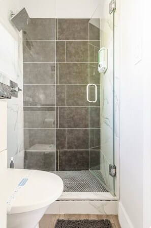 Douche, séchoir à cheveux, serviettes fournies, savon
