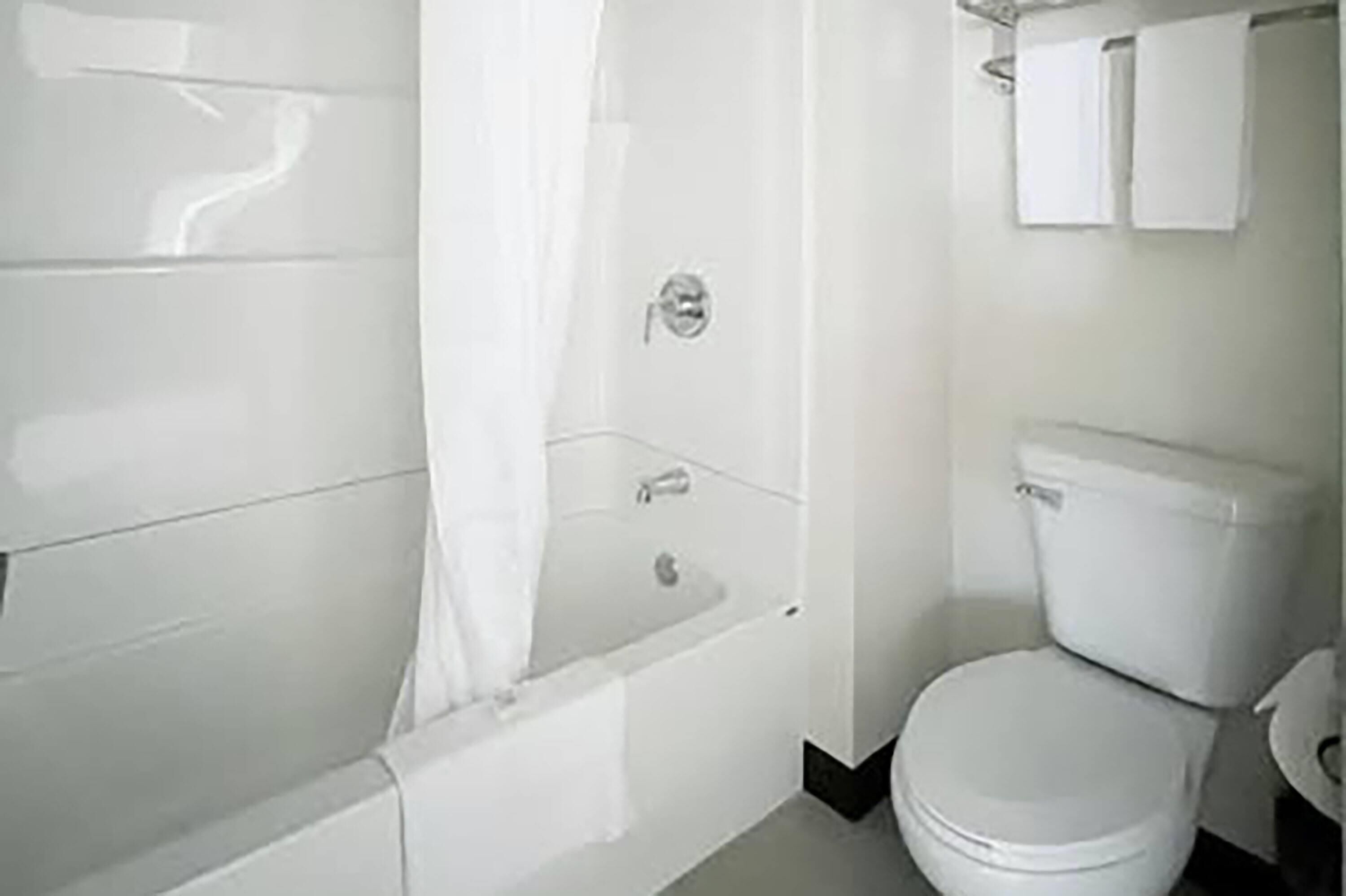 A bathroom with a bathtub, toilet, and a shower curtain.