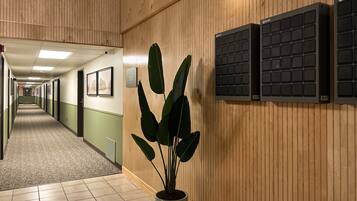 A hallway with wooden paneling, a potted plant, and two keycard holders on the wall.