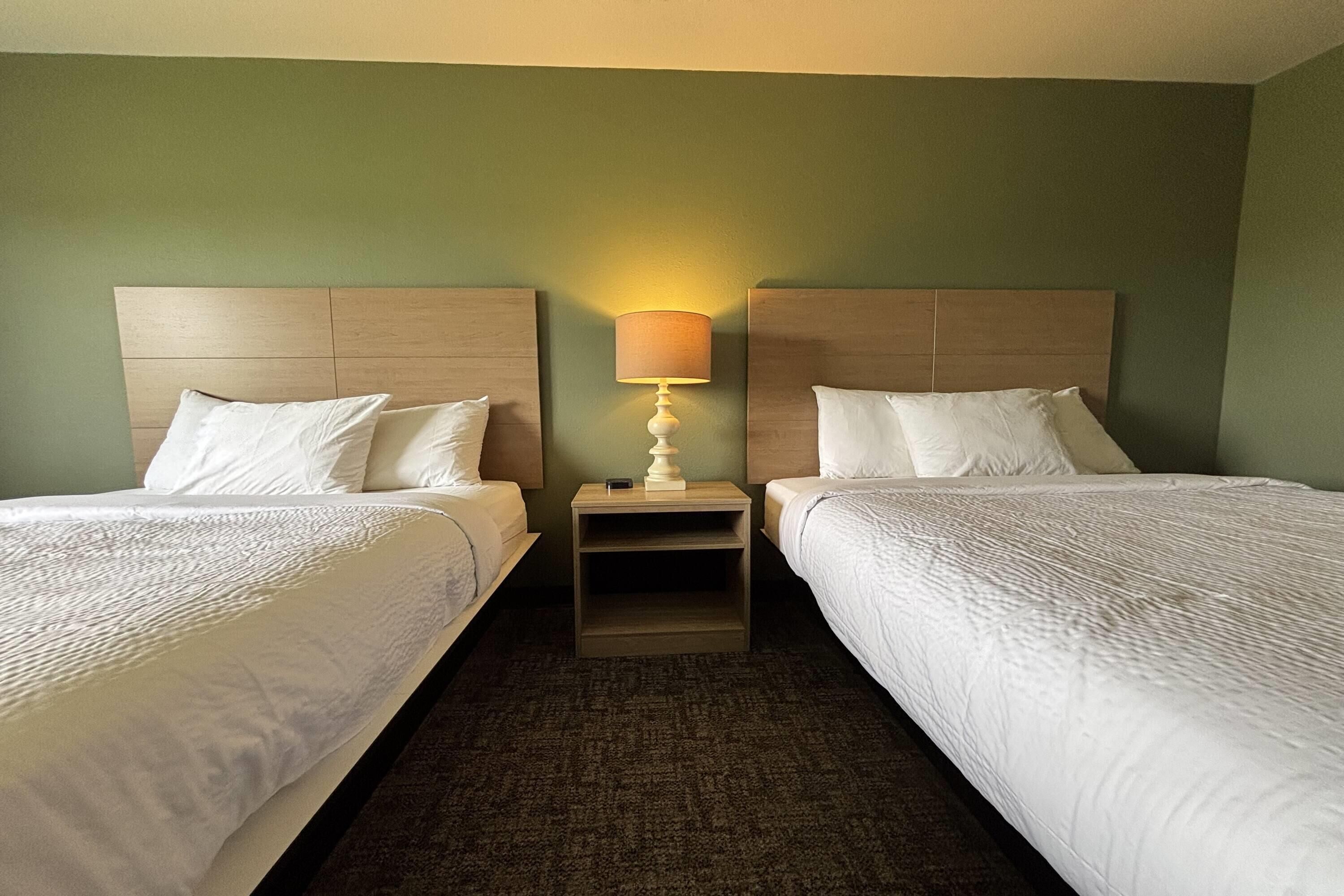 A hotel room with two beds, a nightstand with a lamp, and a carpeted floor.