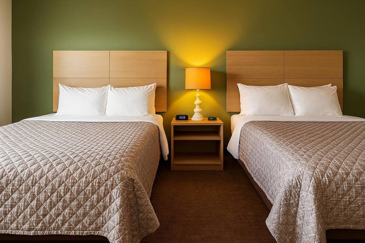 A hotel room with two beds, each with a wooden headboard and white bedding. There is a nightstand between the beds with a lamp and a clock.