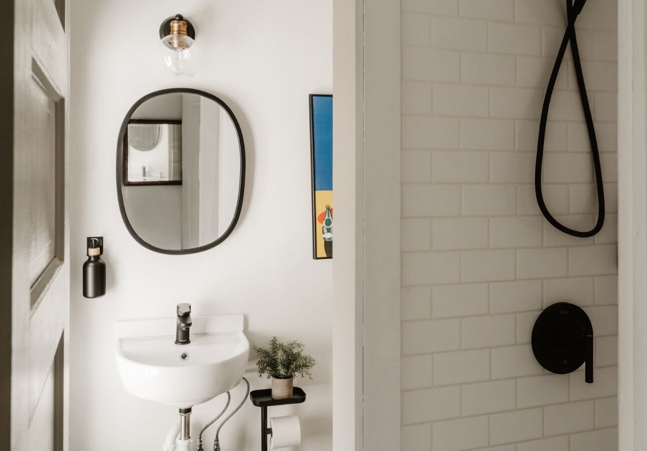Un baño con lavamanos blanco, un espejo redondo, un cabezal de ducha manual negro y una pequeña planta en maceta.